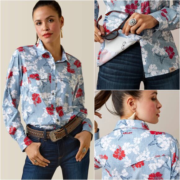 Ariat Women’s Western Aloha VentTEK Stretch Shirt  Long Sleeve Pockets NWT Sz M - Picture 1 of 16